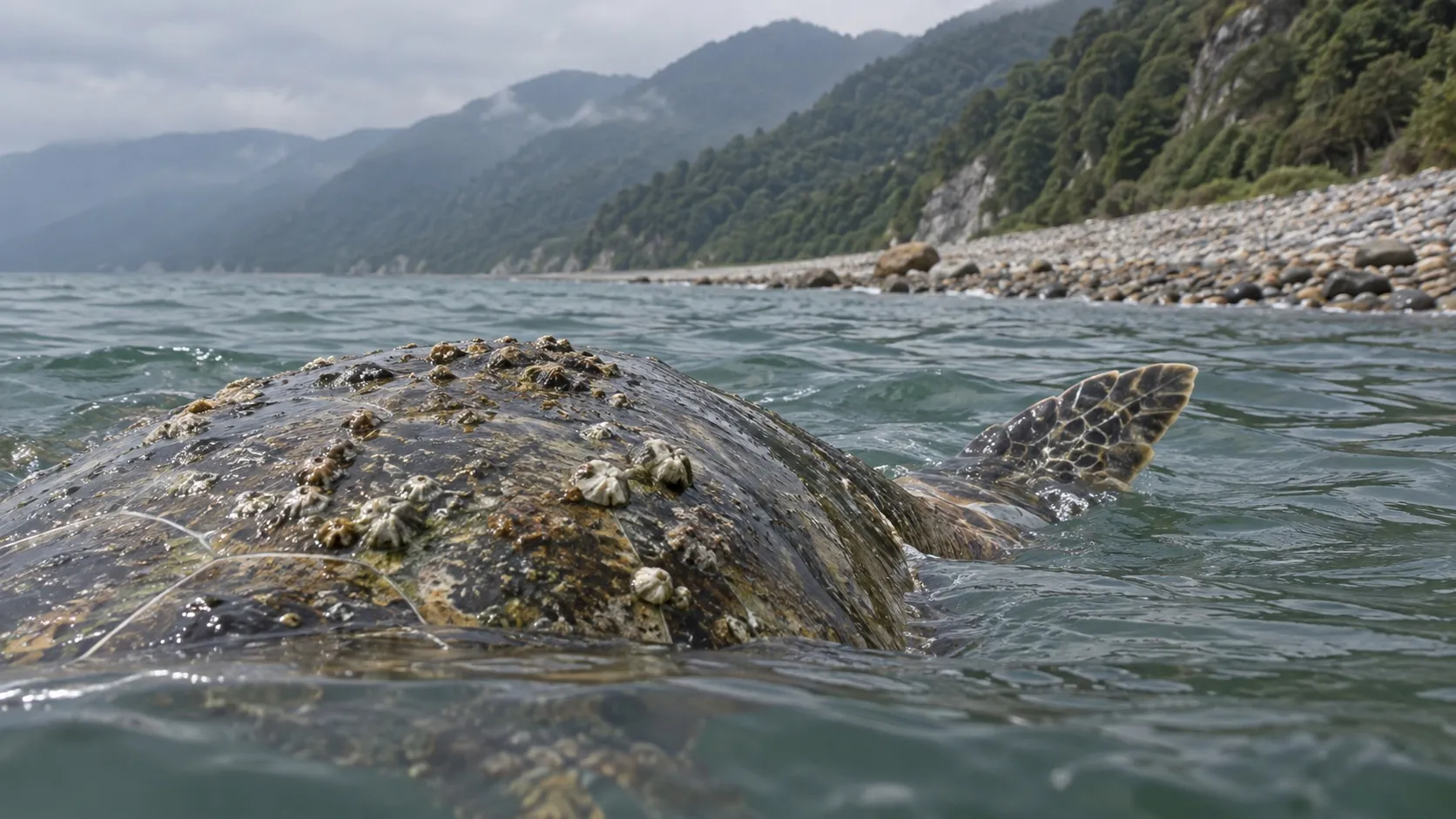 Панцирь морской черепахи, обросший ракушками, и ласт над водой у галечного берега