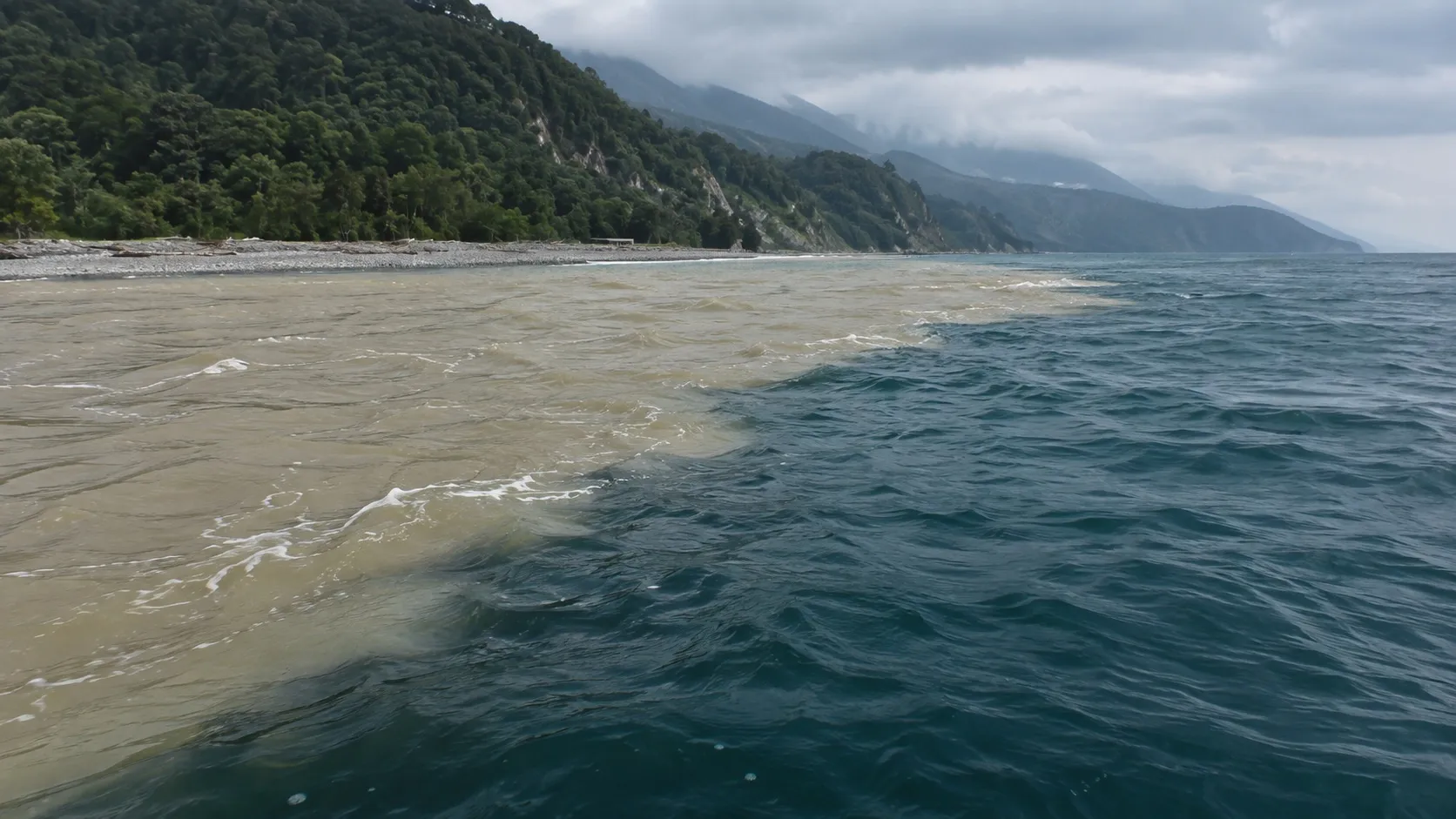 Устье реки с воды: мутный шлейф речной воды резкой линией врезается в море
