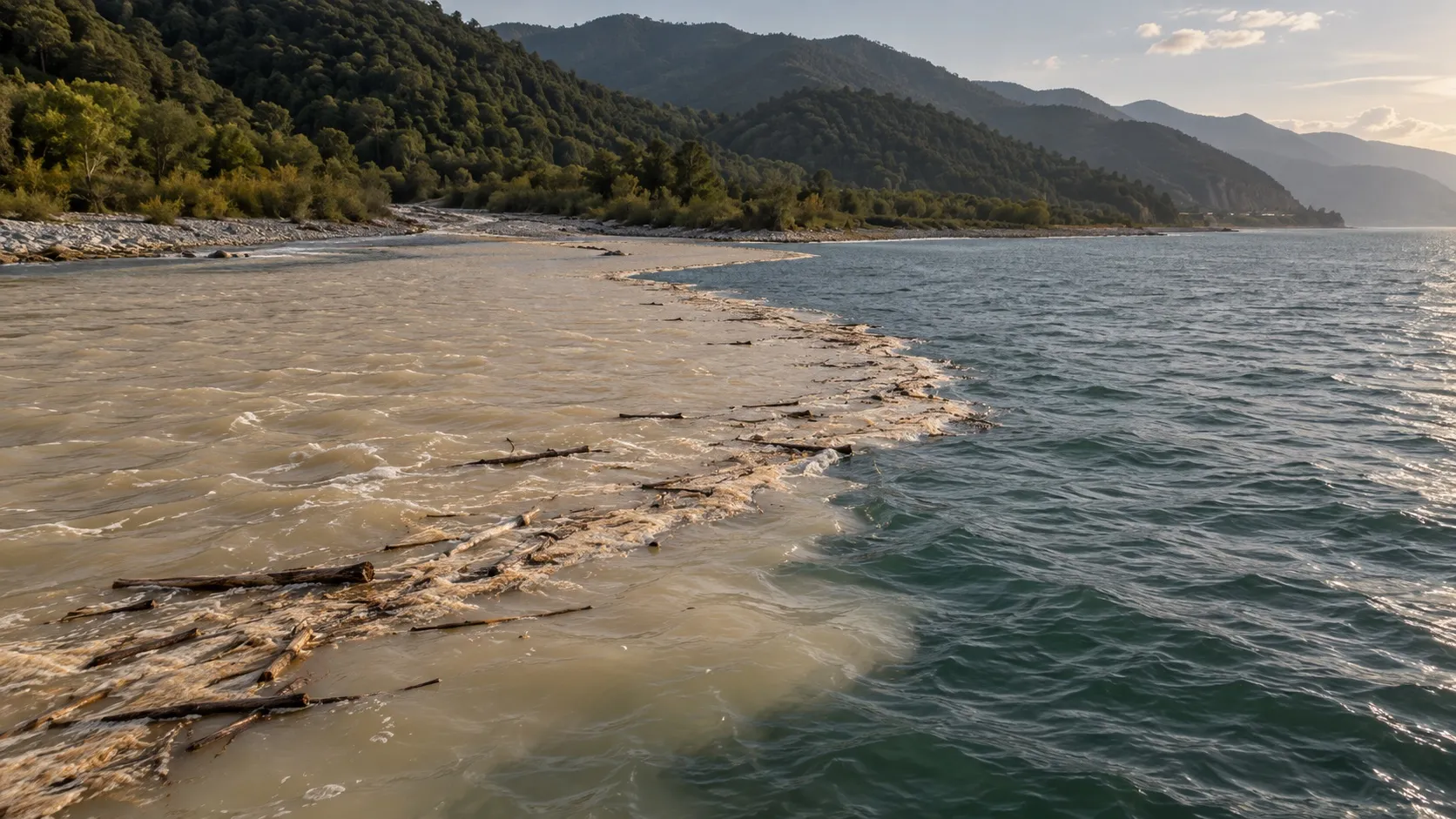 Мутный шлейф горной реки в море у низкого берега — вид с воды