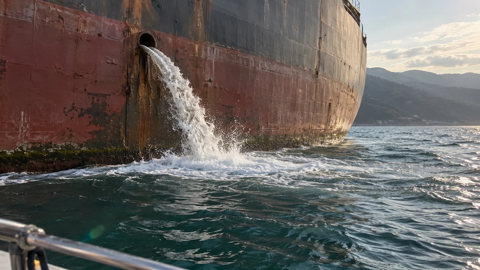 Судно сливает балластную воду: вместе с ней из порта в порт путешествуют планктон и личинки ракушек