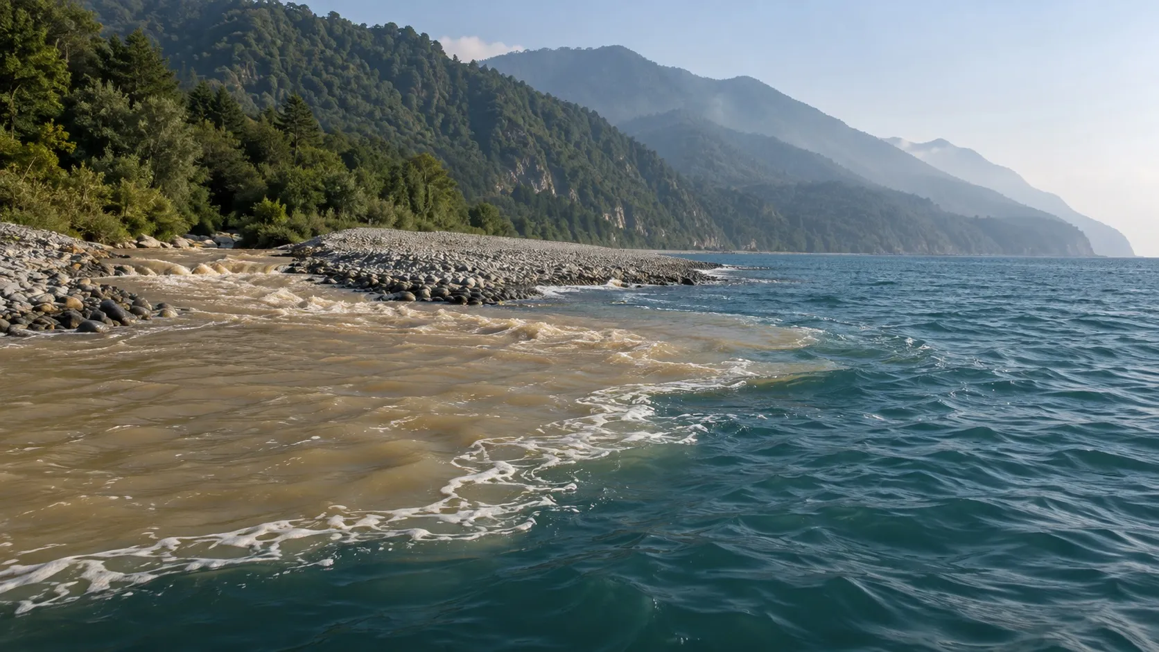 Устье горной реки: пресная вода расходится по морской. Пункты посадки в ведомости Берже названы именно так — по рекам, а не по причалам