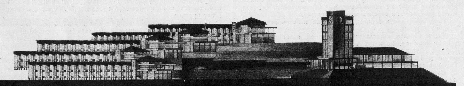 Проект курорта Сочи — Мацеста архитектора Авраама Зильберта, 1926 год: разрез застройки с террасными корпусами и башней справа