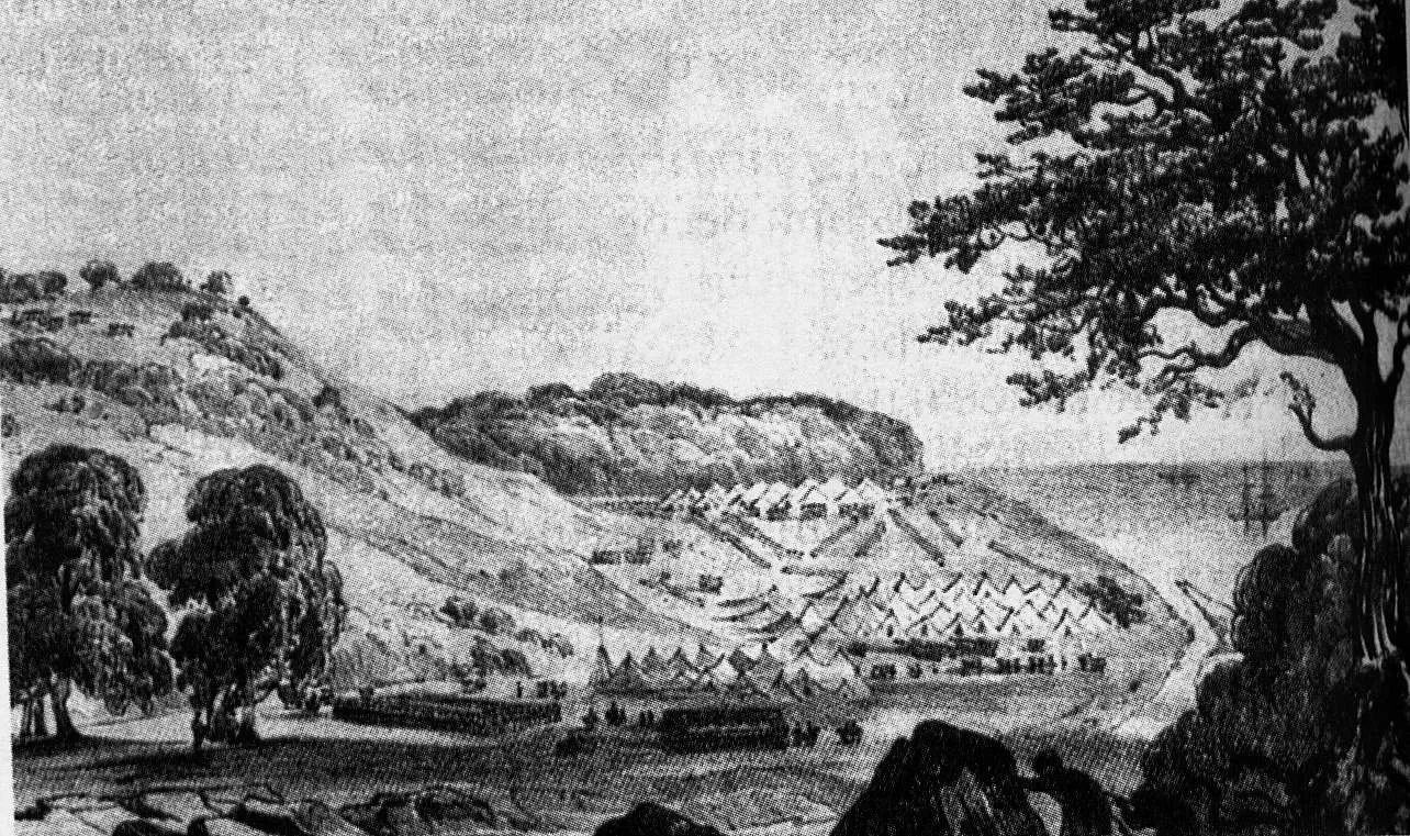 Русский лагерь у устья реки Сочи в апреле 1838 года, старый рисунок из книги К. А. Гордона (автор неизвестен, Wikimedia Commons, Public domain)
