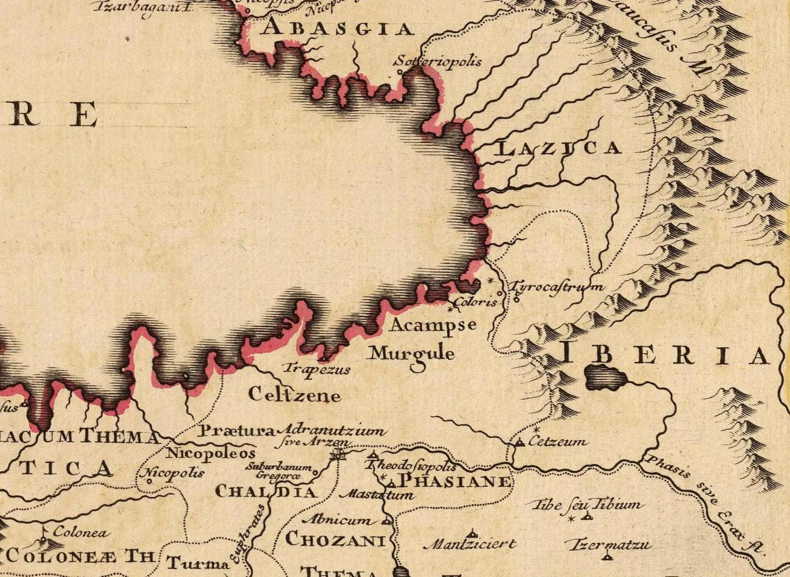 Лазика и Абасгия на карте Византийской империи X века, как её рисовали в 1742 году (фрагмент): горы над берегом и надписи у побережья