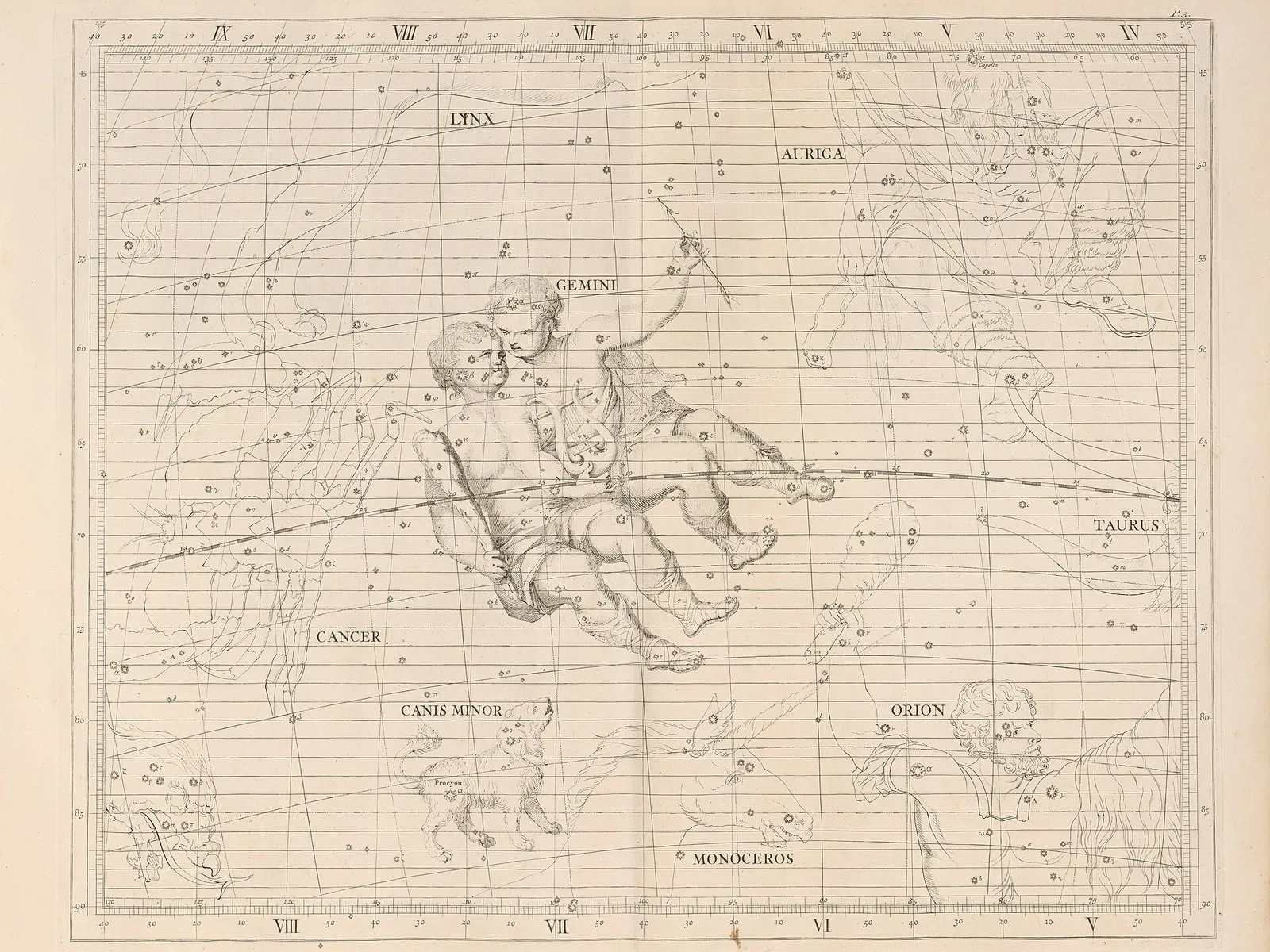 Созвездие Близнецов на звёздном атласе Джона Флемстида, 1729 год. Радиант потока лежит рядом с Кастором