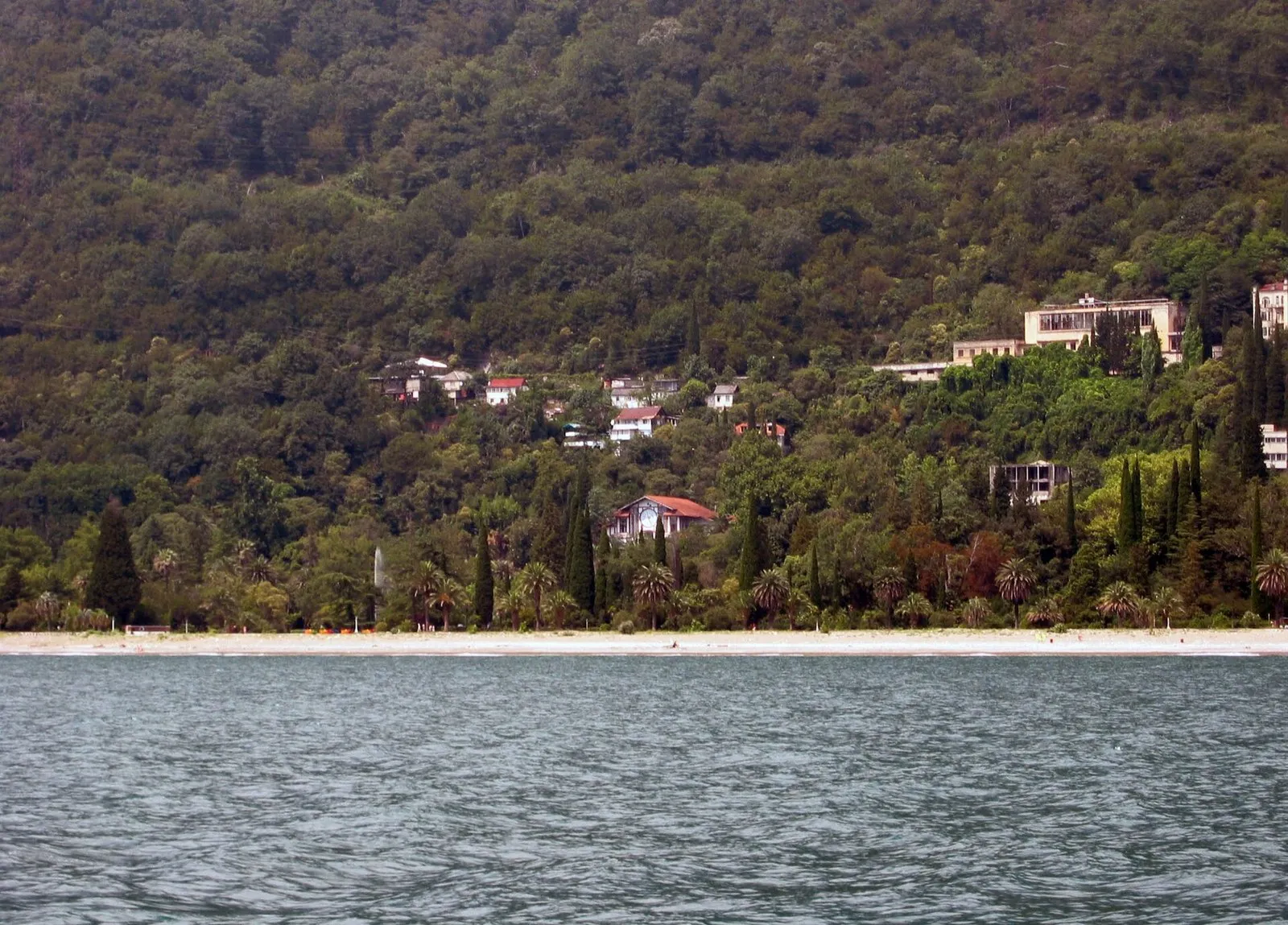 Склон над морем у Гагры: дома среди кипарисов и пальм, вид с воды. Общий вид берега