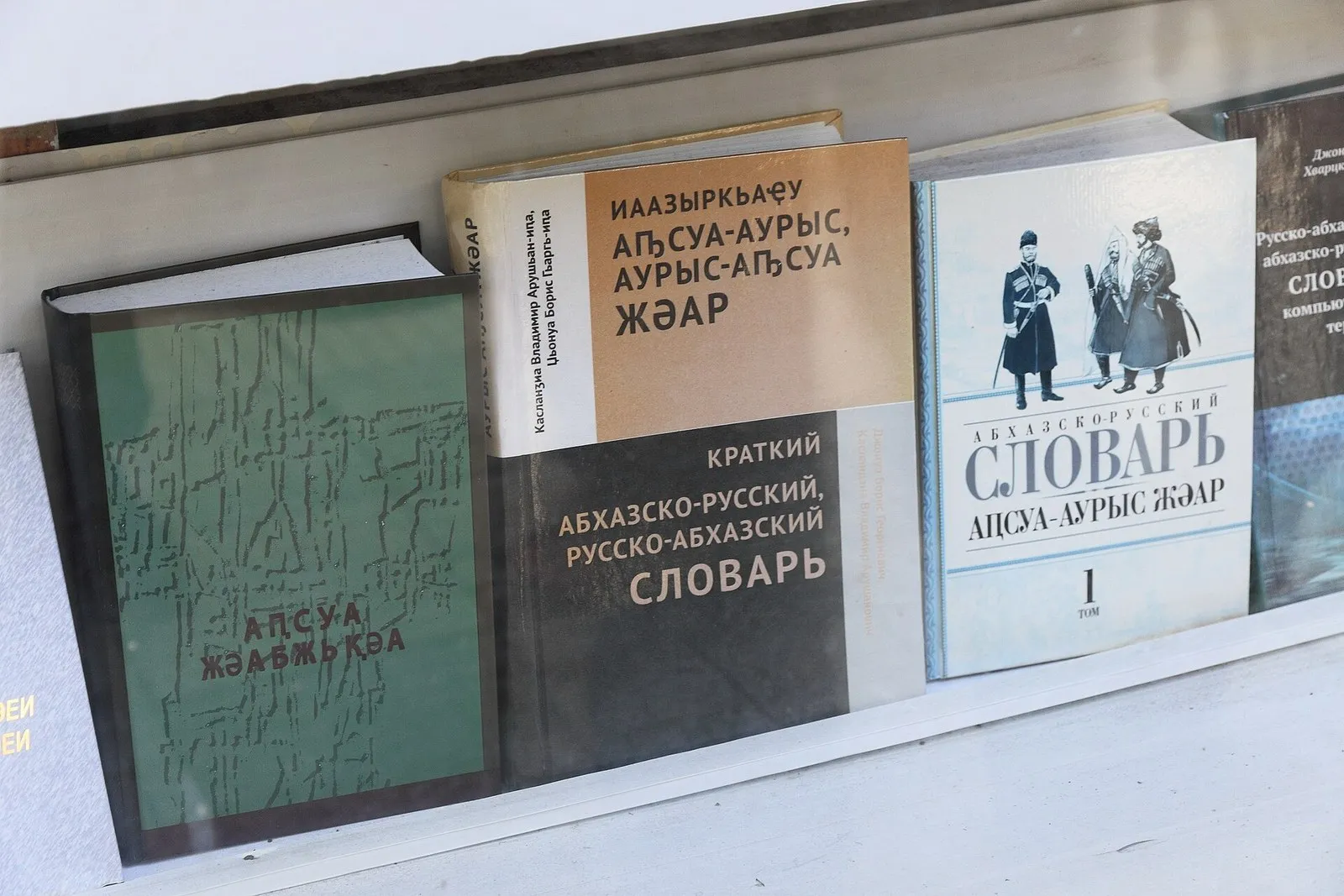 Абхазско-русские и русско-абхазские словари на витрине в Сухуме