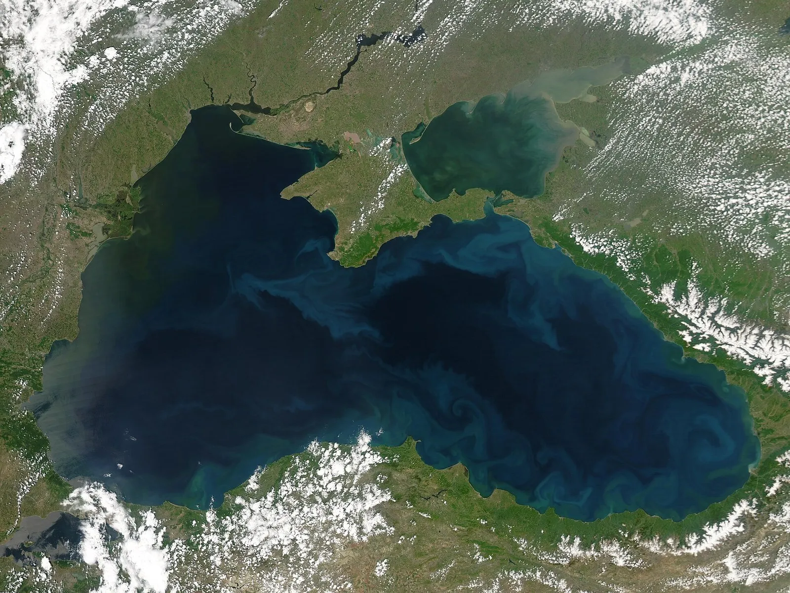 Чёрное море со спутника в мае 2004 года: светлые разводы в воде — взвесь и цветение фитопланктона