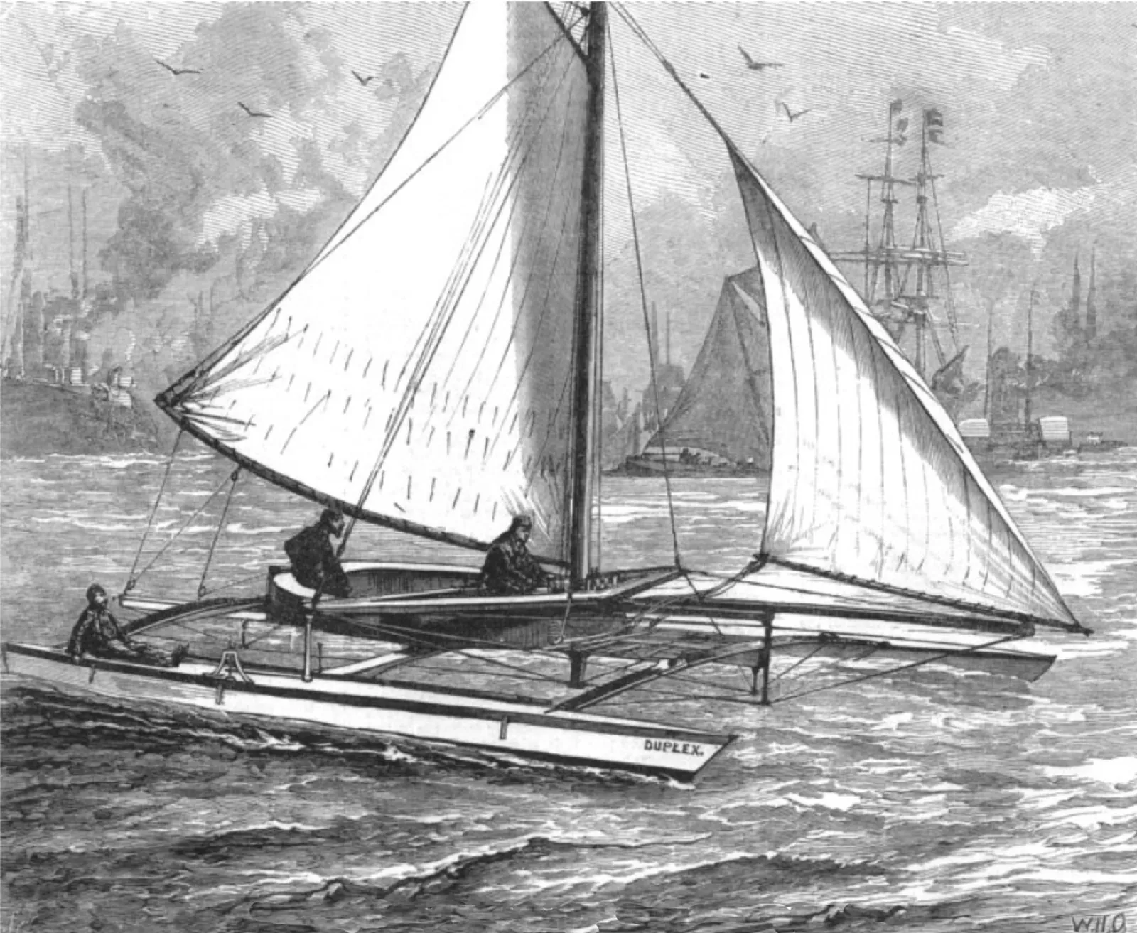 Катамаран «Duplex», построенный в 1877 году. Гравюра из Illustrated London News, 1880 год