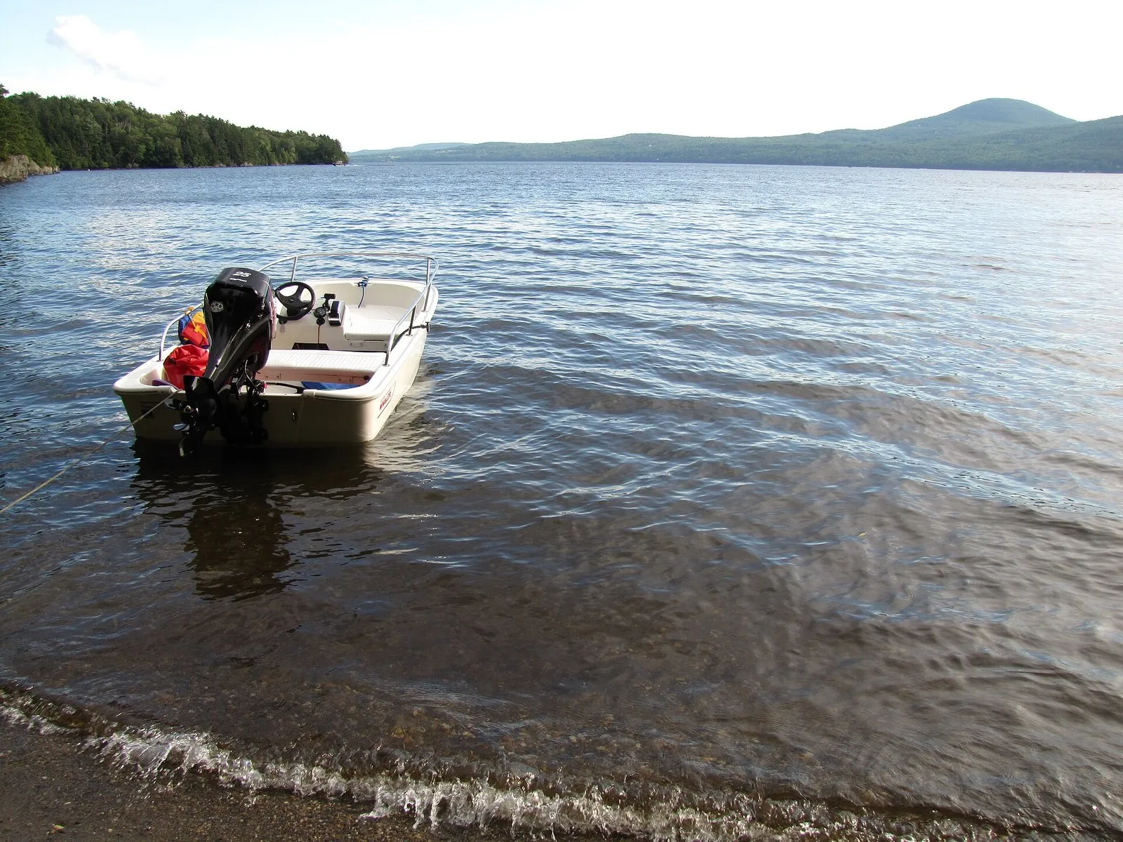 Небольшая лодка Boston Whaler 110 Sport у берега озера