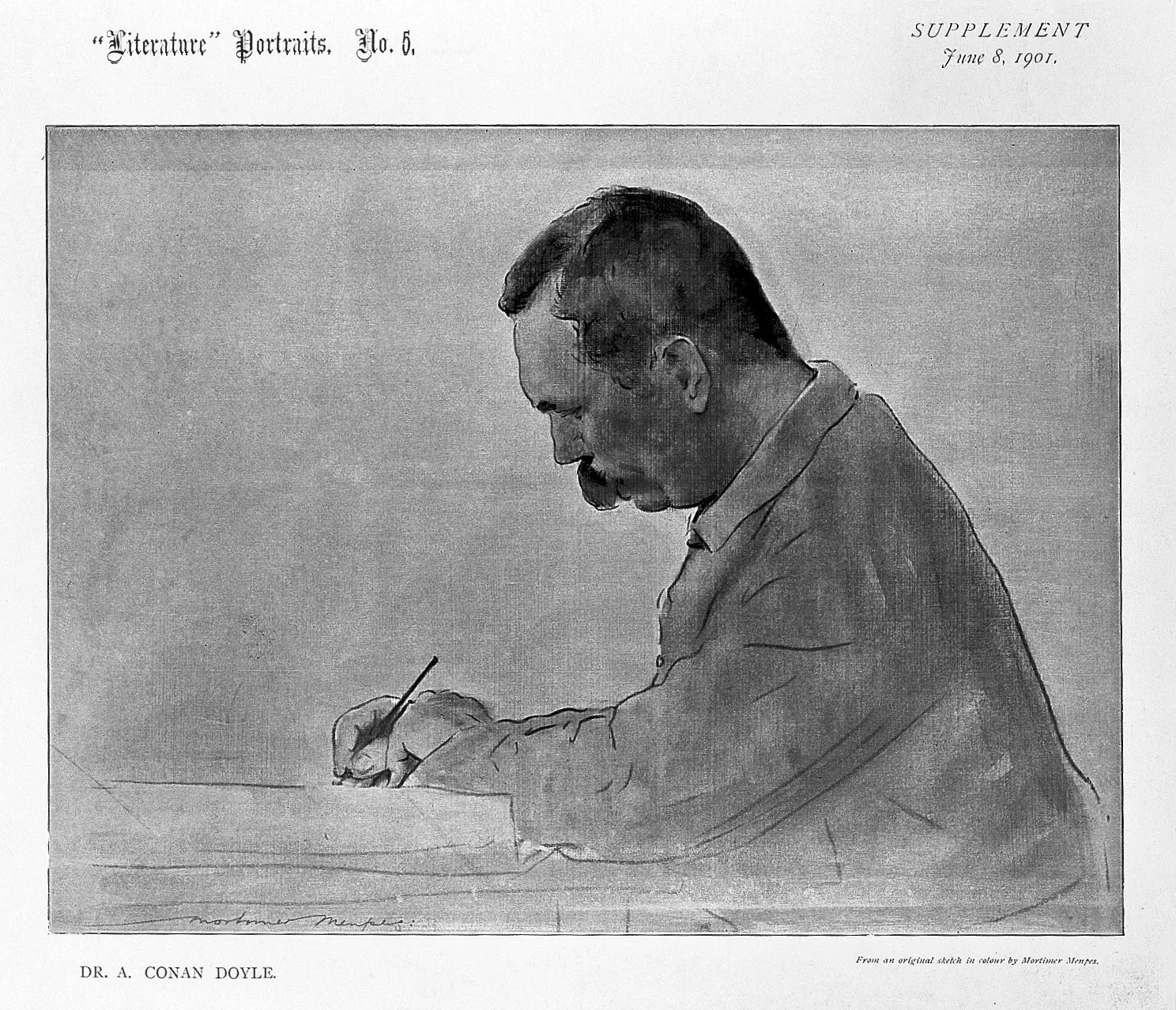 Артур Конан Дойл за письменным столом, портретный рисунок 1901 года
