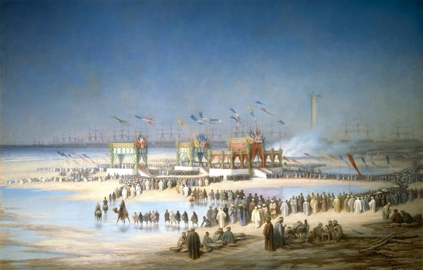 Открытие Суэцкого канала в Порт-Саиде, 17 ноября 1869 года, рисунок того времени