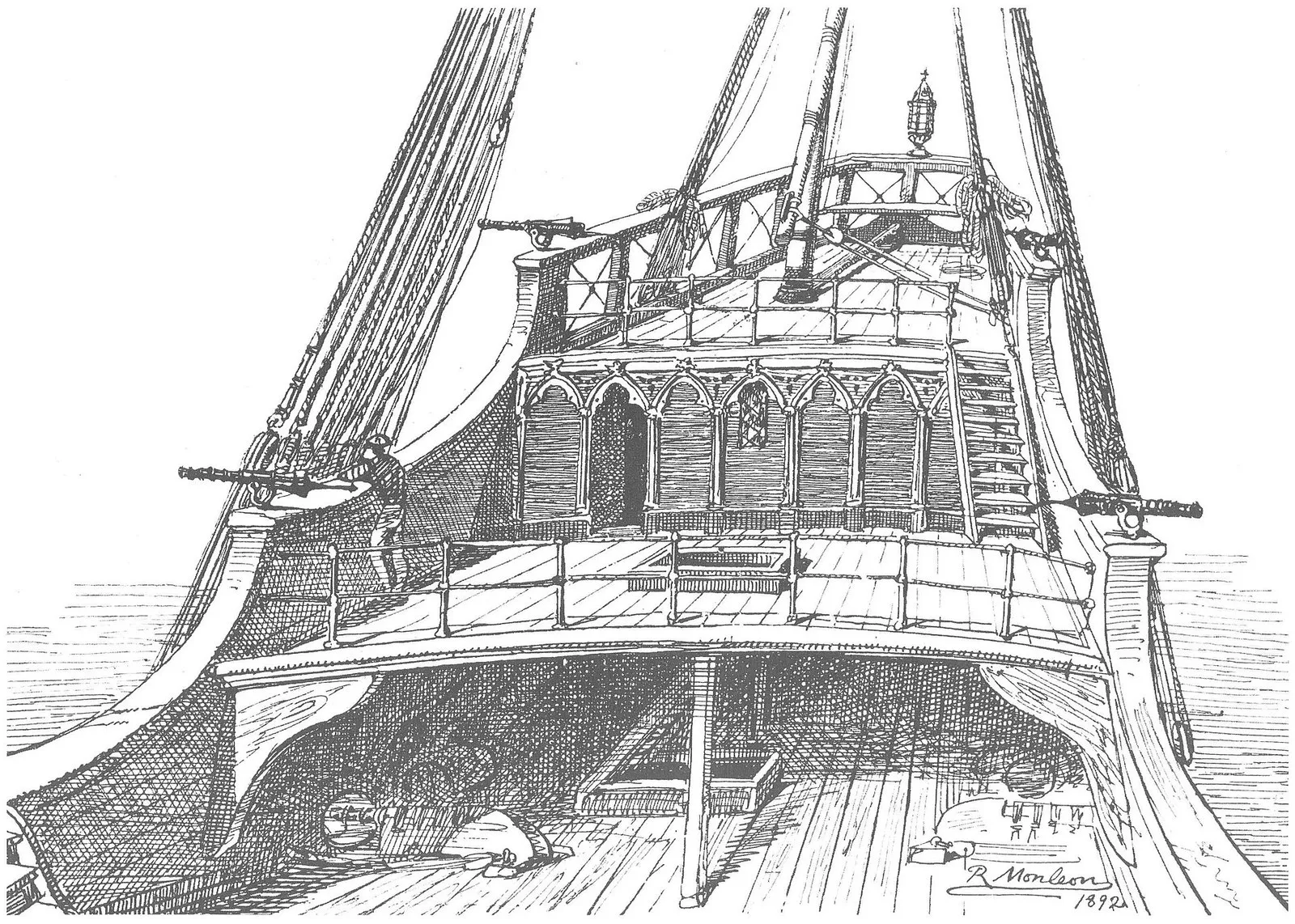 Реконструкция кормовых надстроек «Санта-Марии», рисунок Р. Монлеона, 1892 год (иллюстрация)