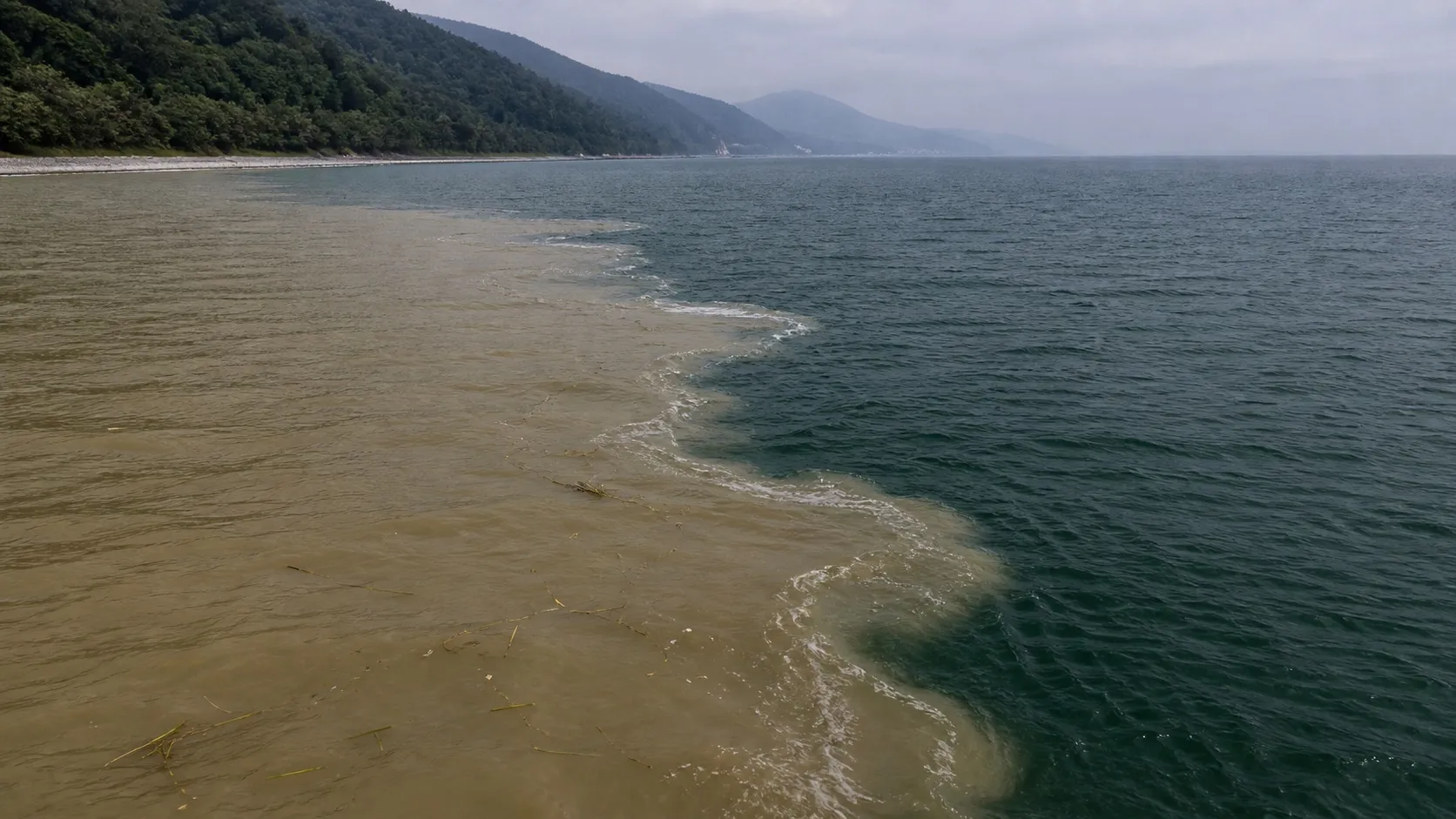Граница мути после шторма: коричневая прибрежная вода упирается в зелёную морскую