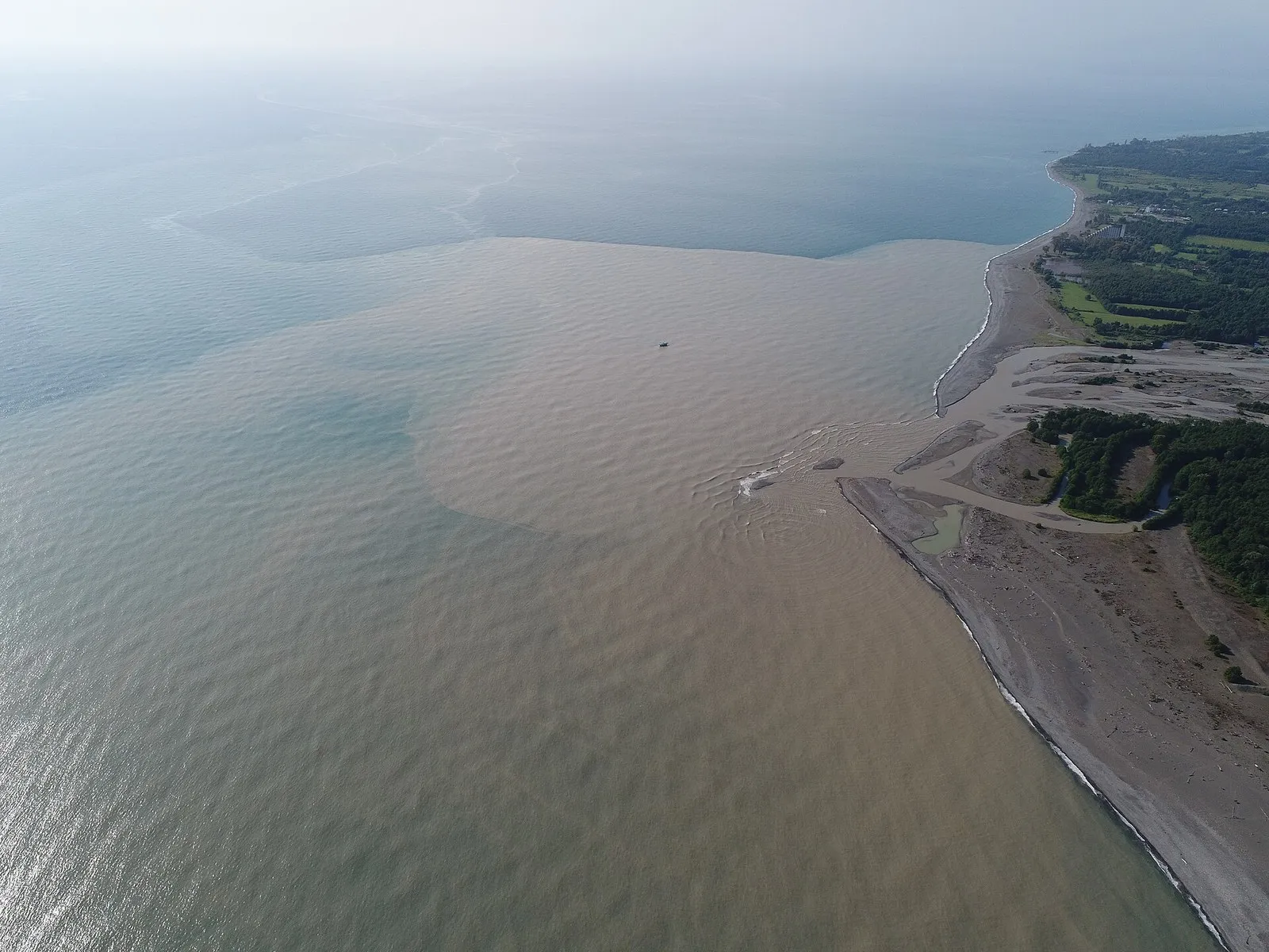 Устье Кодора с квадрокоптера в период высокого стока: бурый веер речной воды ложится поверх моря (фото: Osadchiev2, Wikimedia Commons, CC BY-SA 4.0)