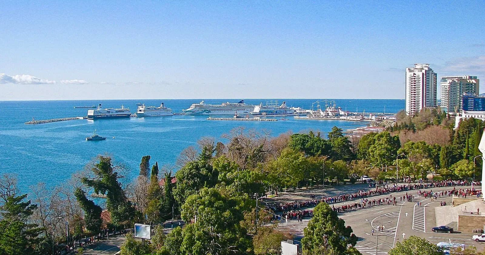 Ясный февральский день над Морским портом Сочи: синее море до горизонта, у причалов лайнеры, в парке голые деревья вперемешку с вечнозелёными (фото: Aleda12, Wikimedia Commons, CC BY-SA 4.0)