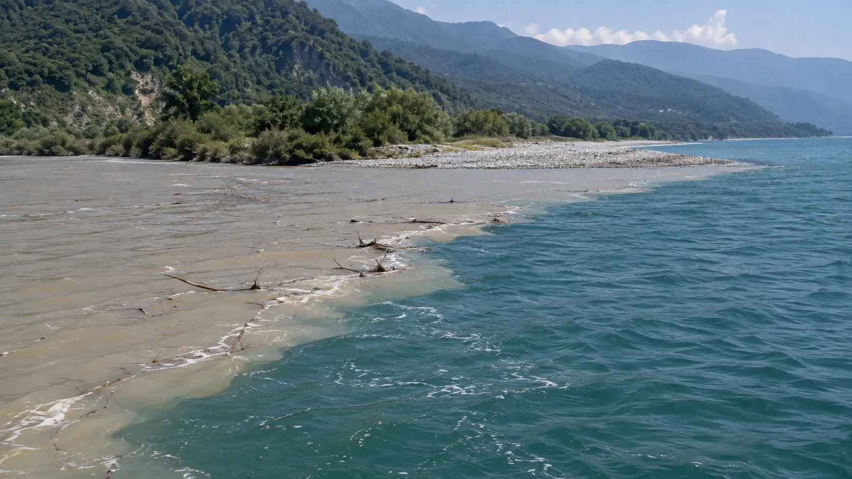 Устье реки с палубы: граница между мутной речной водой и чистым морем видна резкой диагональной линией