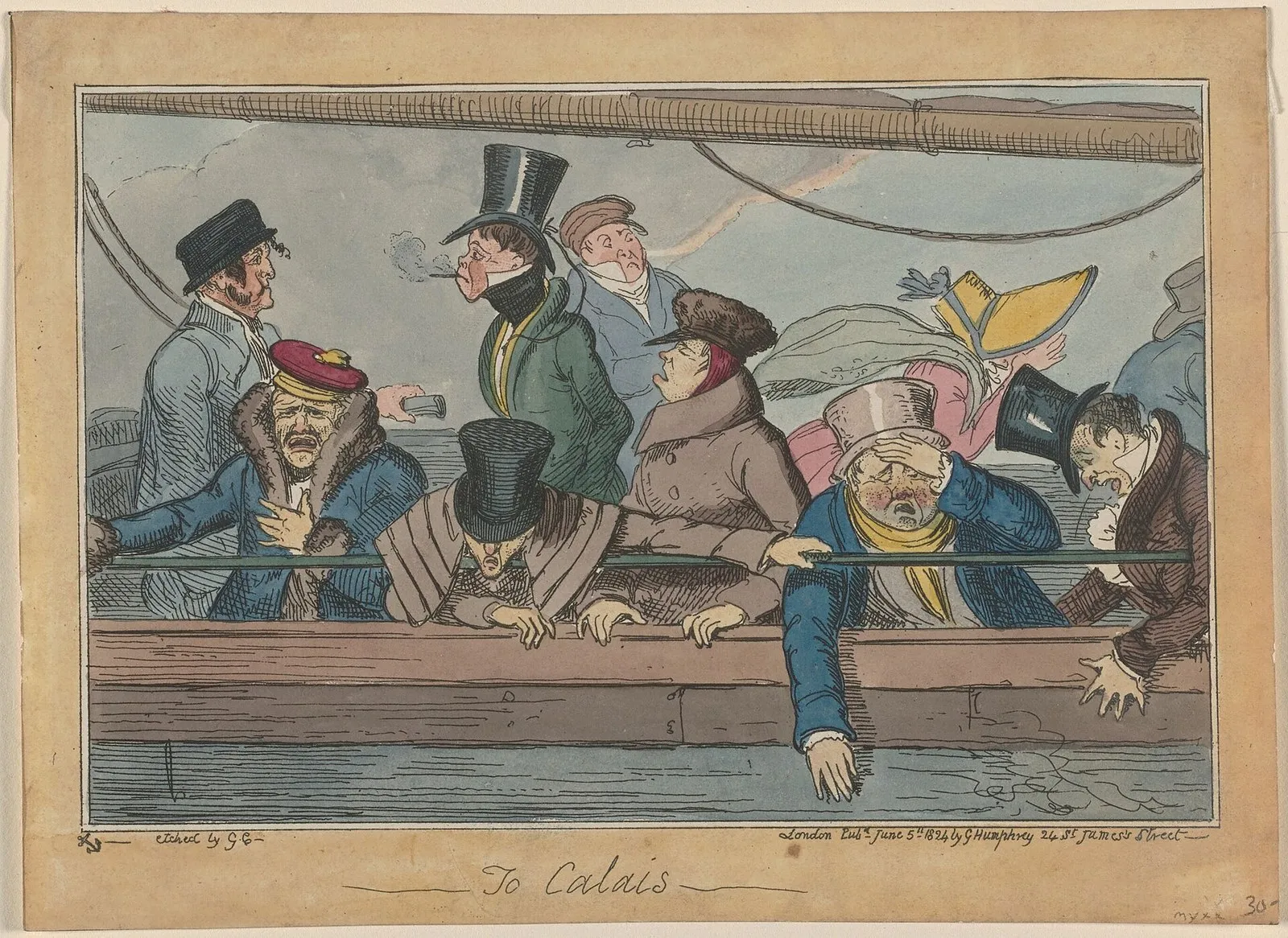 Джордж Крукшенк, «В Кале», 1824 год: пассажиры пакетбота висят на поручне, и только курильщик в цилиндре держится прямо. Врачи сегодня сказали бы, что сигара ему скорее вредит (фото: Cruikshank, George, 1792-1878; Humphrey, G., active approximately 1820, Wikimedia Commons, Public domain)